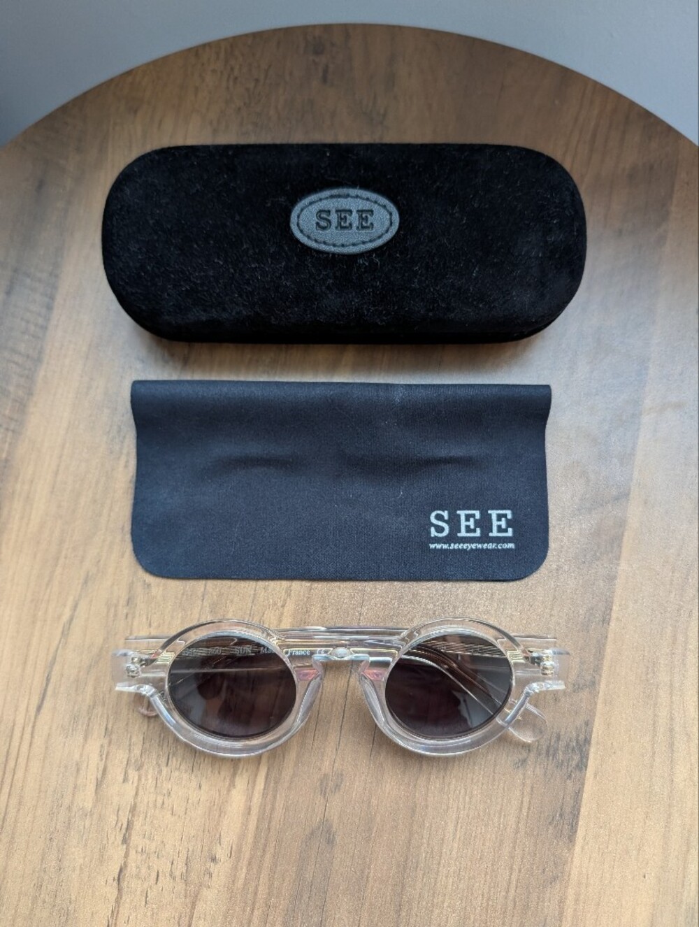 Clear Frame Sunglasses with Black Case and Cleaning Cloth